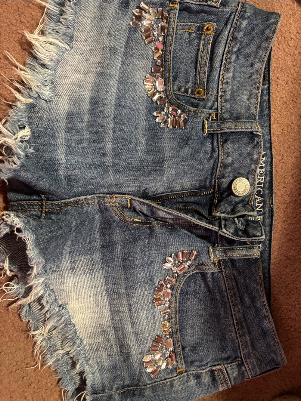 Embellished Denim Cutoff Shorts - Blue